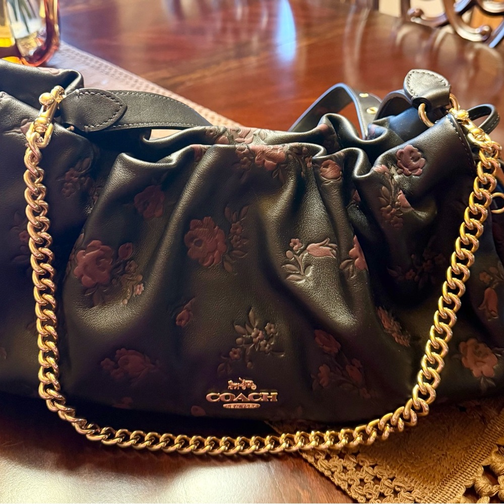 Coach Black Shoulder Bag with Pink Floral Embossing and Gold Chain